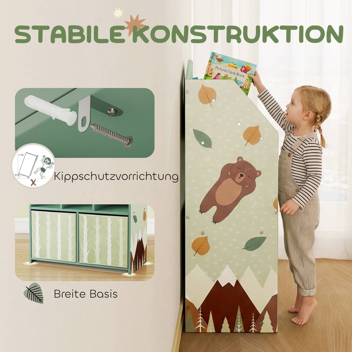 Children's Bookshelf with 2 Fabric Drawers, Green, 91.5 cm
