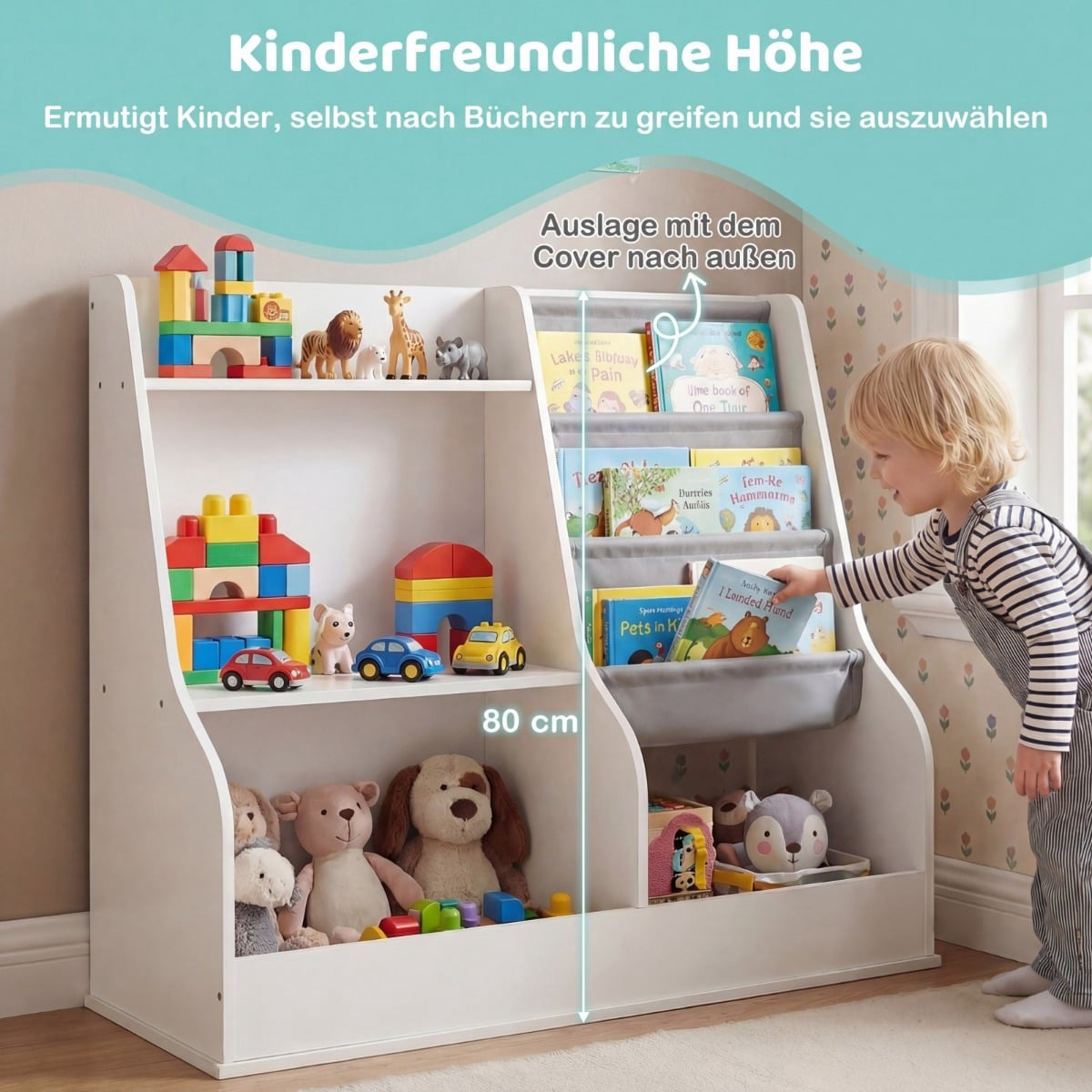 Children's Bookshelf with 3-Tier Fabric Pockets, White
