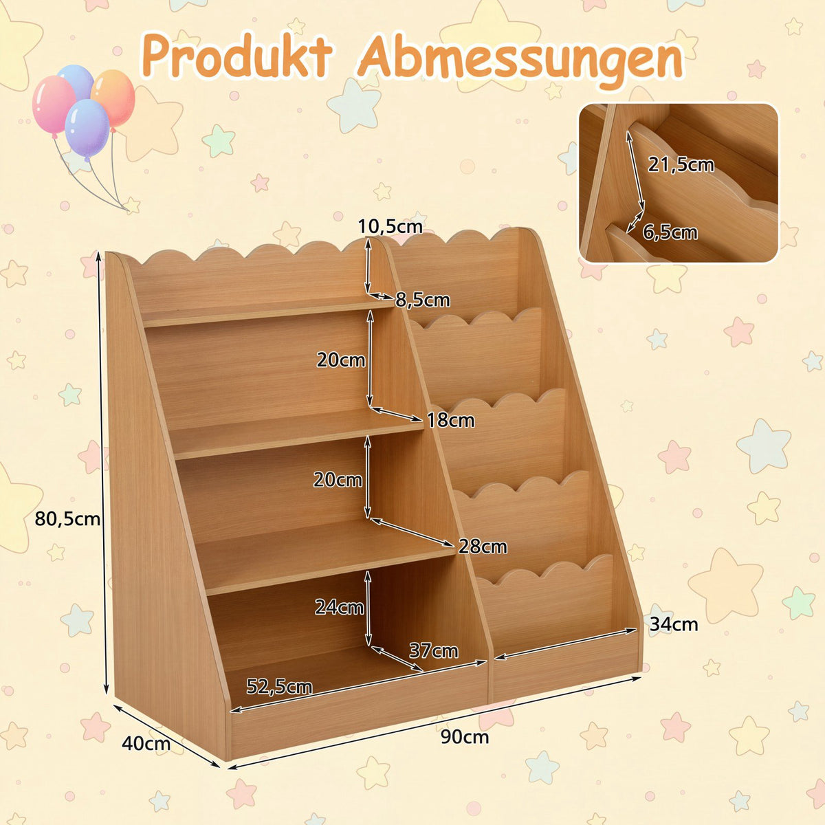 Children's Bookshelf with 4 Shelves & Hidden Storage, Wood