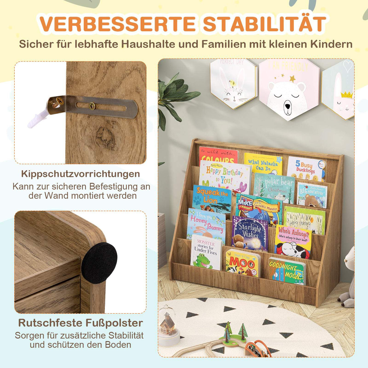 Children's Bookshelf with 5 Compartments – Natural Wood