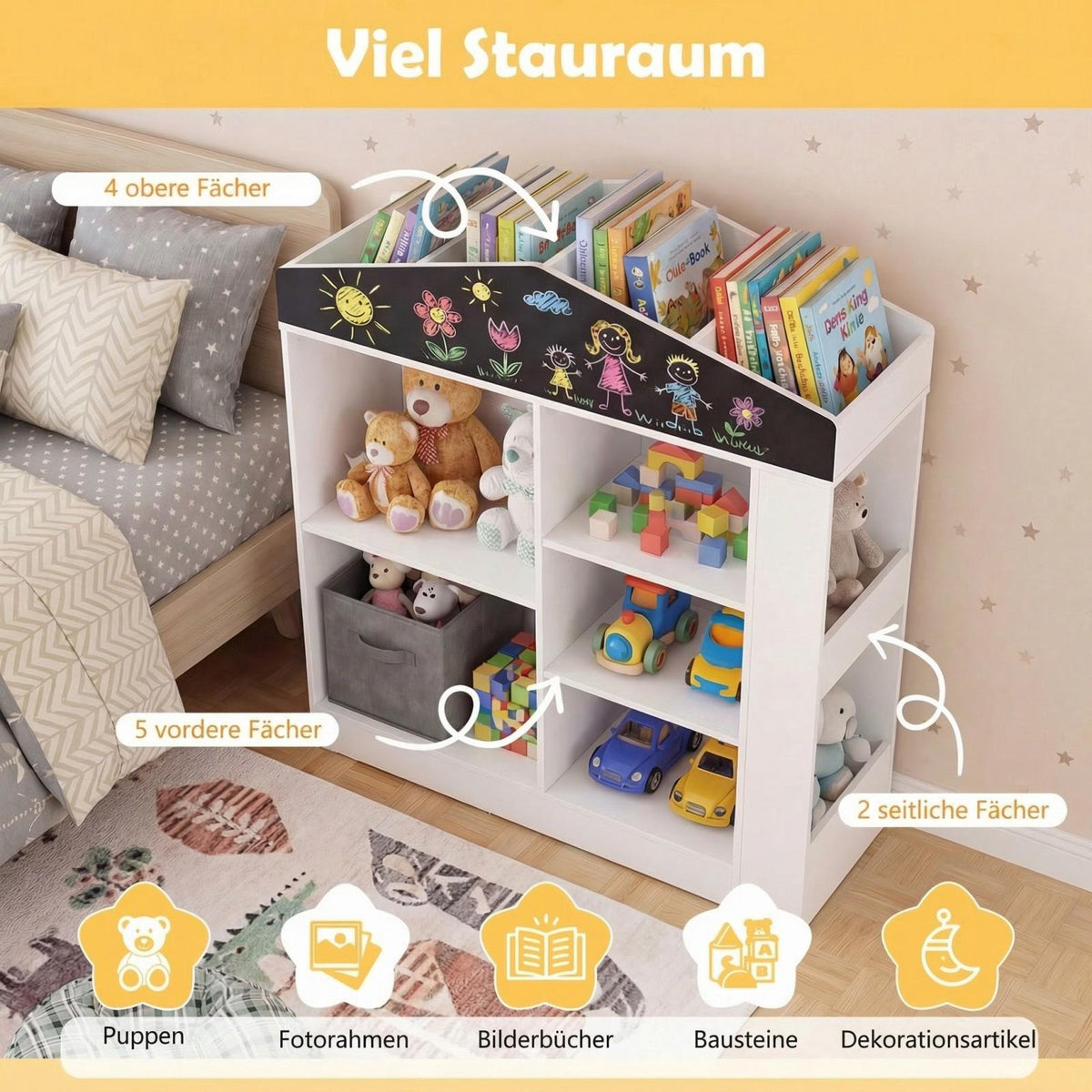 Children's Bookshelf with Blackboard & 11 Compartments