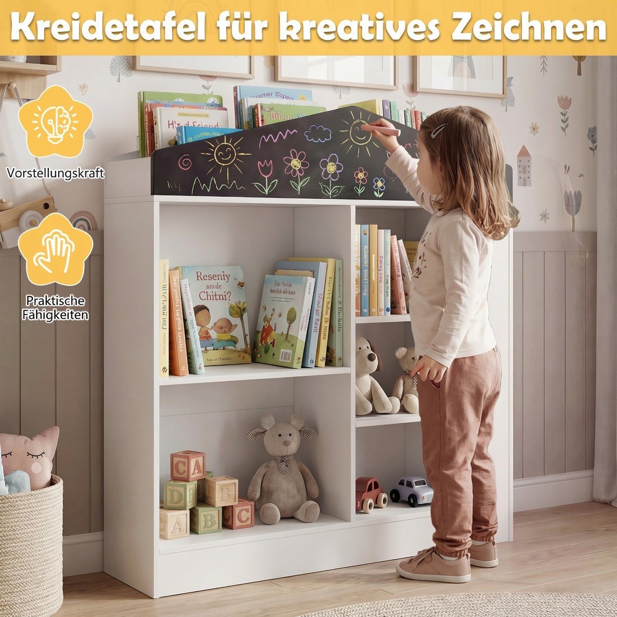 Children's Bookshelf with Blackboard & 11 Compartments