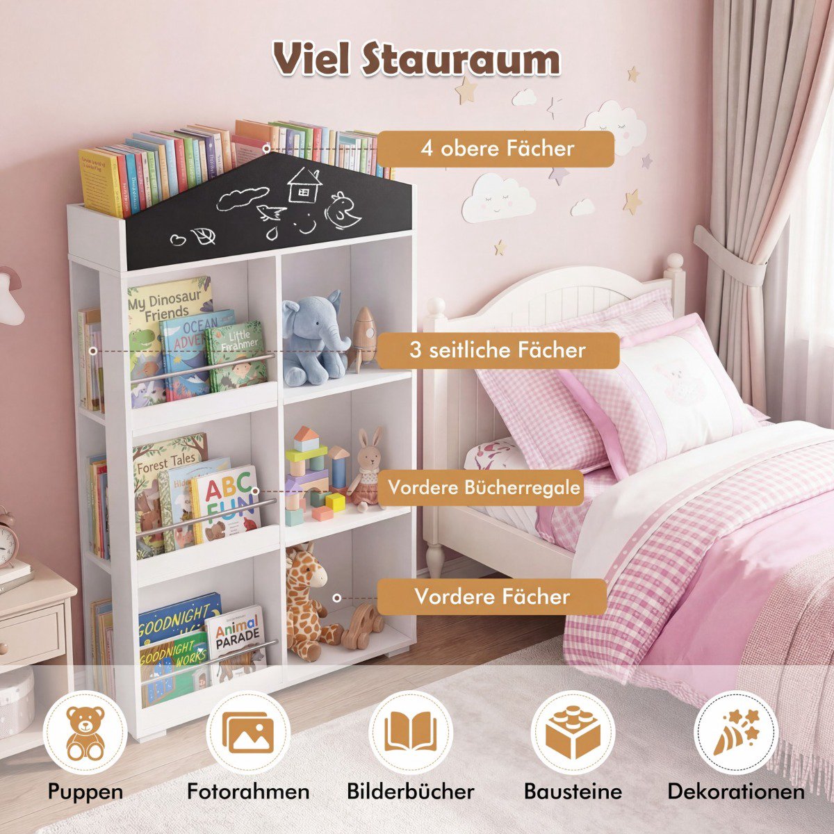 Children's Bookshelf with Blackboard & 13 Compartments