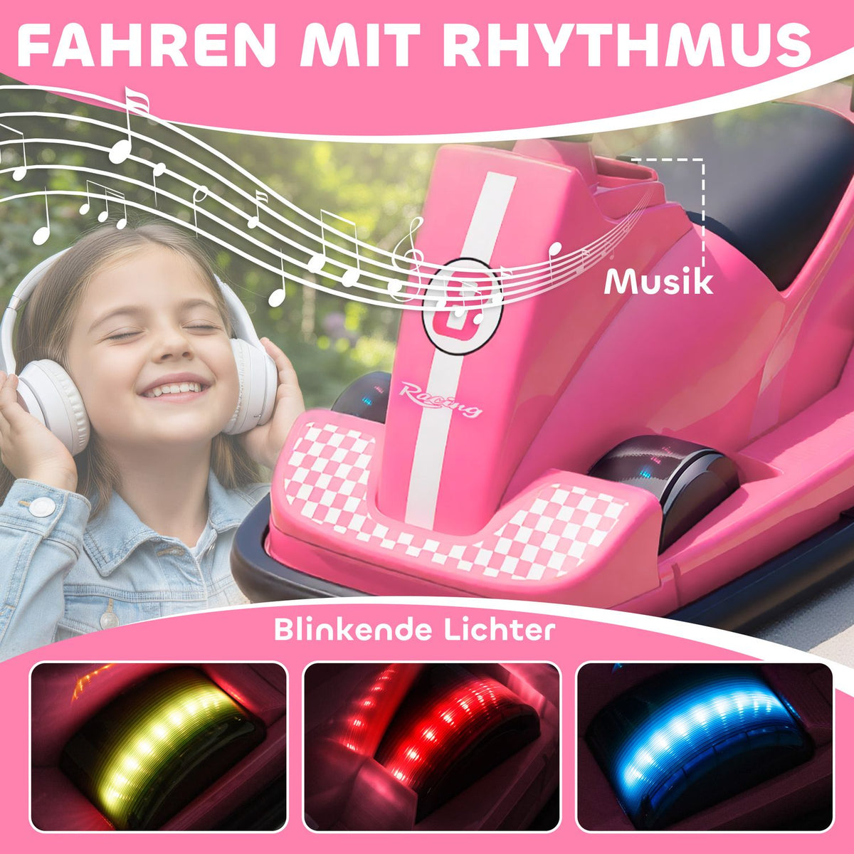 Children's Bumper Car, 360 Spin, LED Lights, Music, Pink