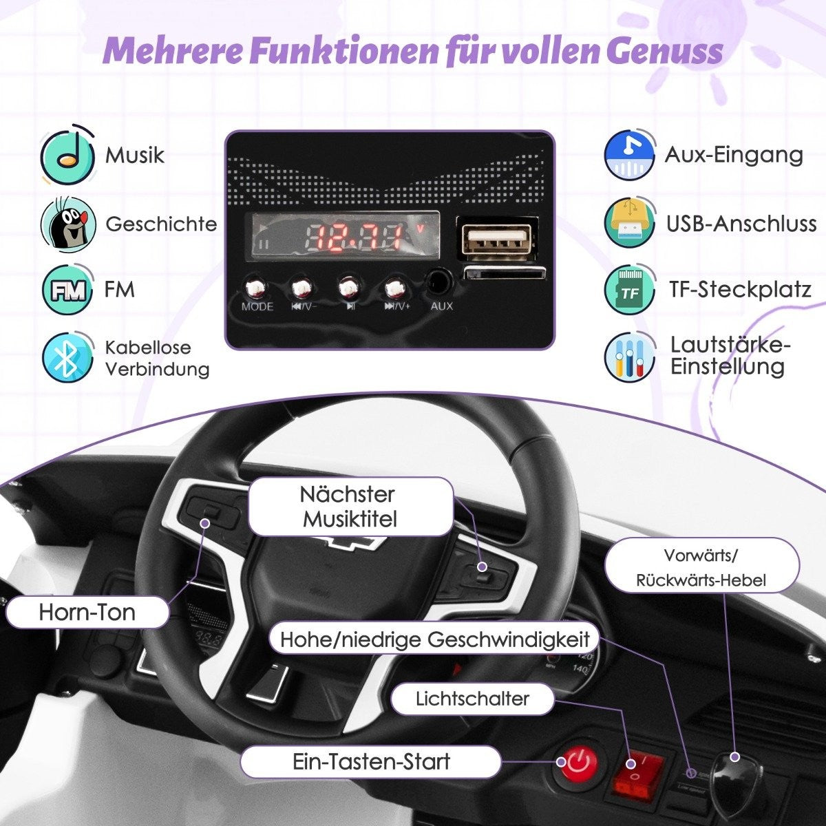 Children's Chevrolet electric car with 2.4G remote control &amp; Suspension &amp; lights &amp; Music children's car white