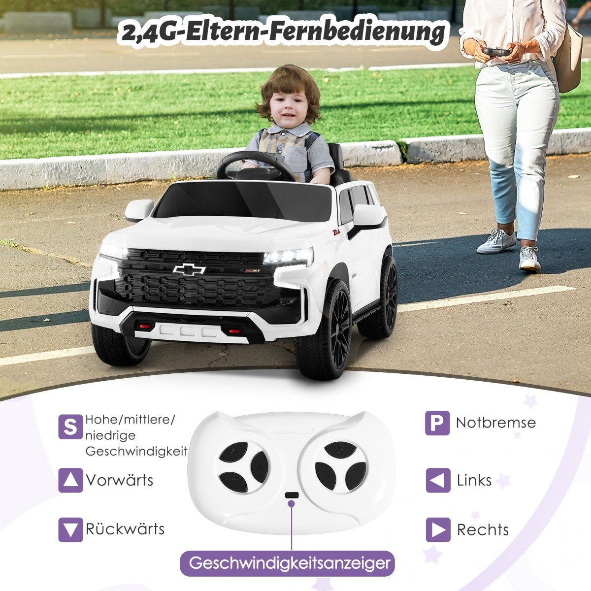 Children's Chevrolet electric car with 2.4G remote control &amp; Suspension &amp; lights &amp; Music children's car white