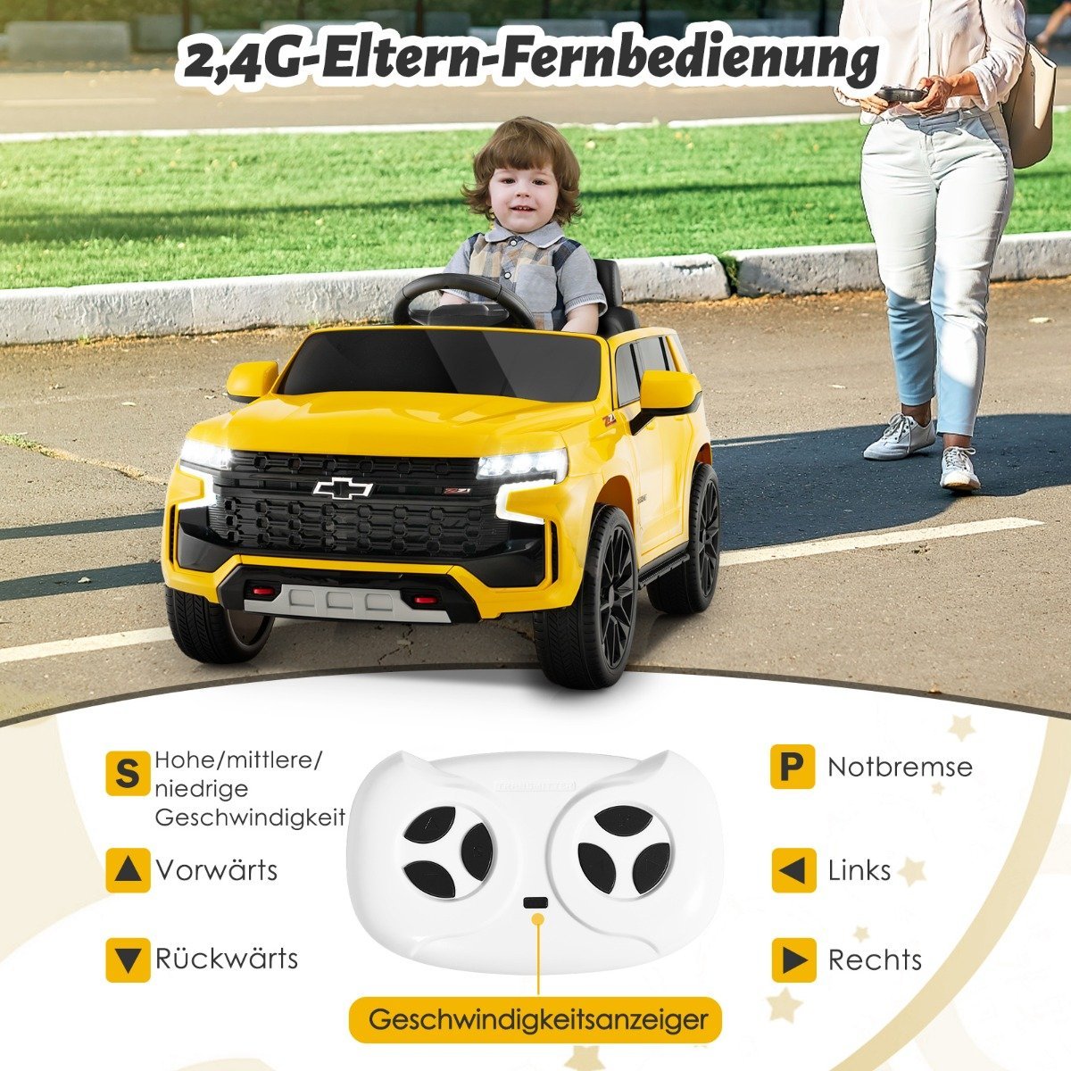 Children's Chevrolet electric car with 2.4G remote control &amp; Suspension &amp; lights &amp; Music children's car yellow