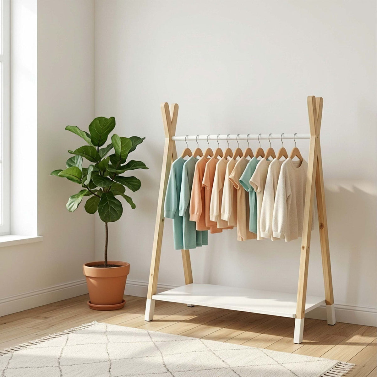 Children's Coat Rack, Pine/MDF, Natural & White, 100cm