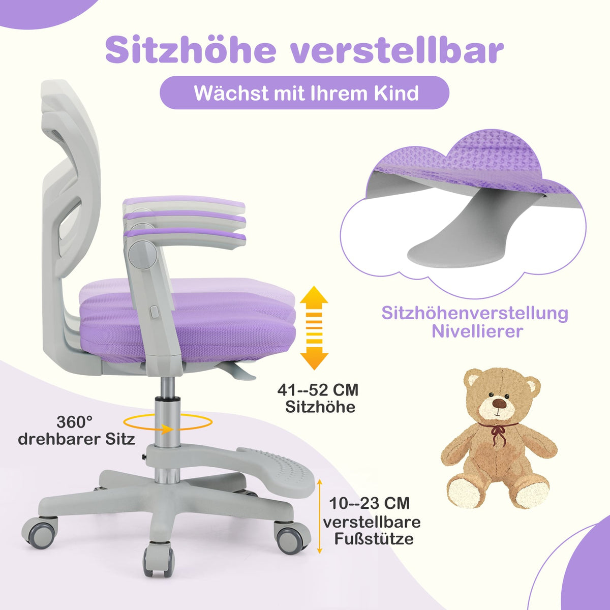 Children's Desk Chair, Adjustable Height 41-52 cm, Purple