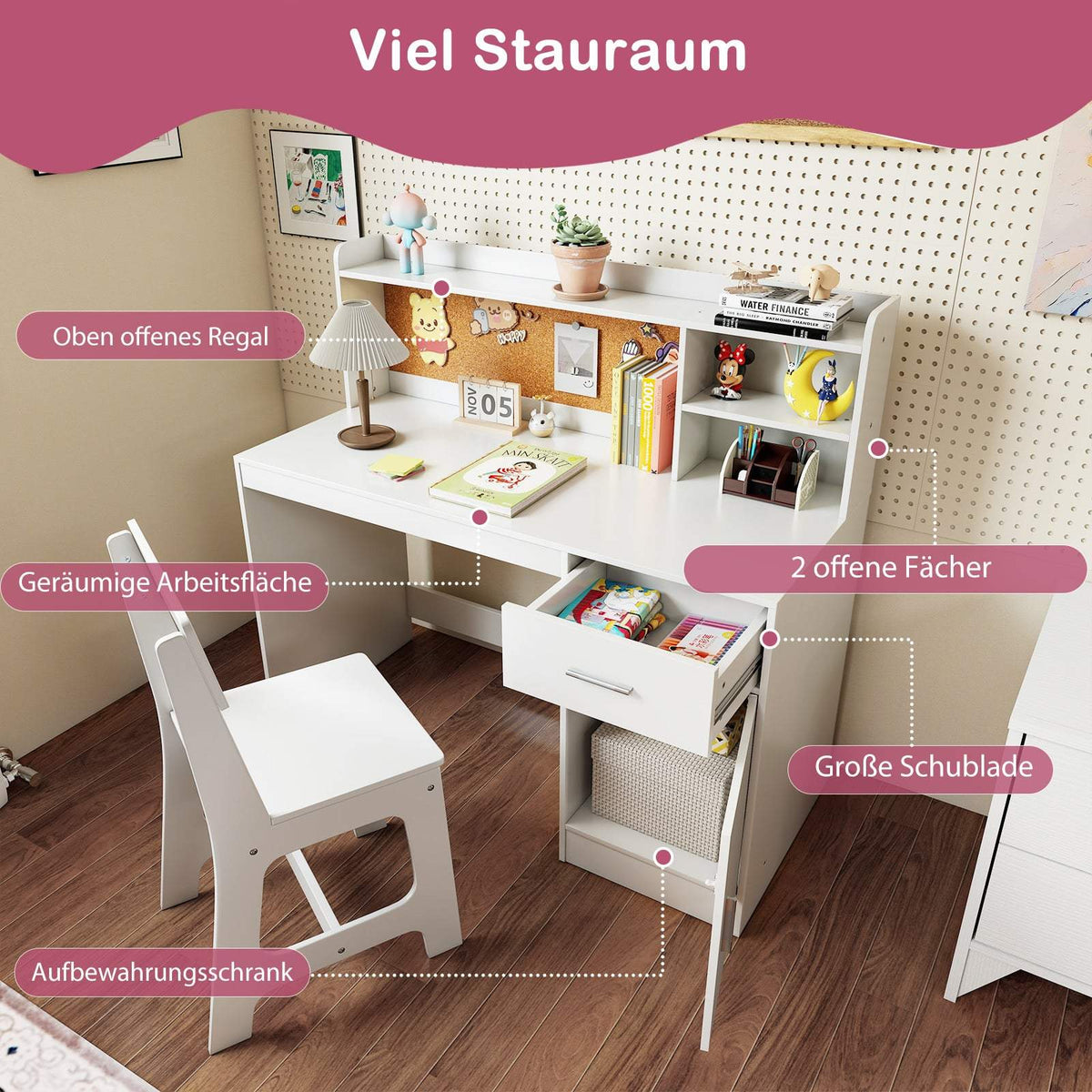 Children's Desk & Chair Set with Shelves & Drawer, White