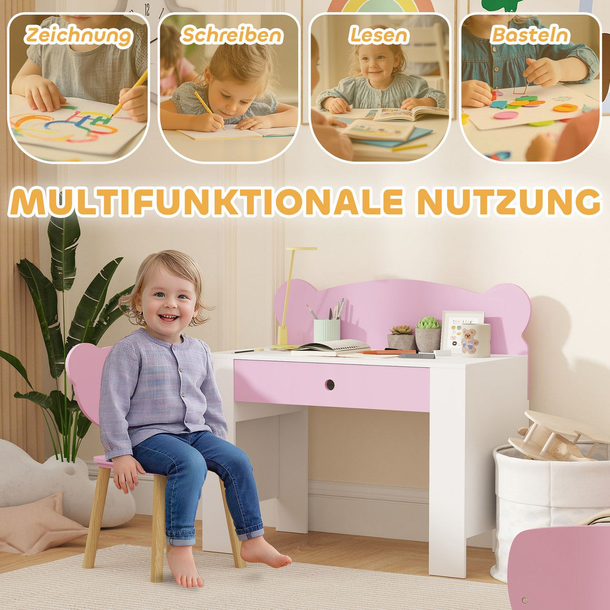 Children's Desk Set, Bear-Shaped Desk and Chair with Drawer, for Writing and Crafting, 3-8 Years, Pink