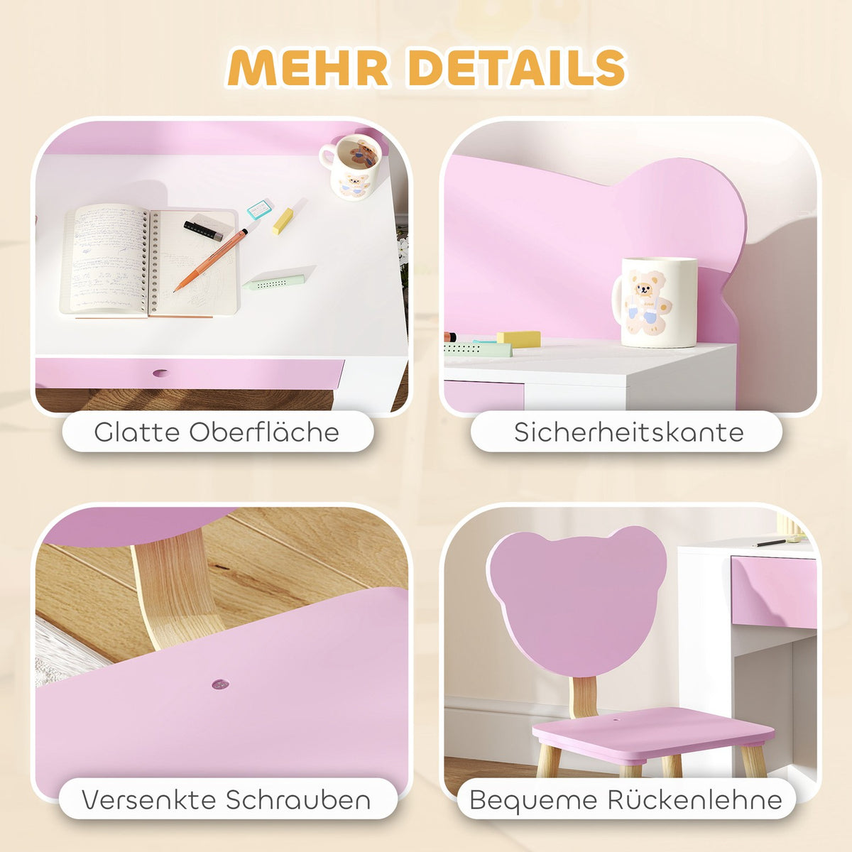 Children's Desk Set, Bear-Shaped Desk and Chair with Drawer, for Writing and Crafting, 3-8 Years, Pink