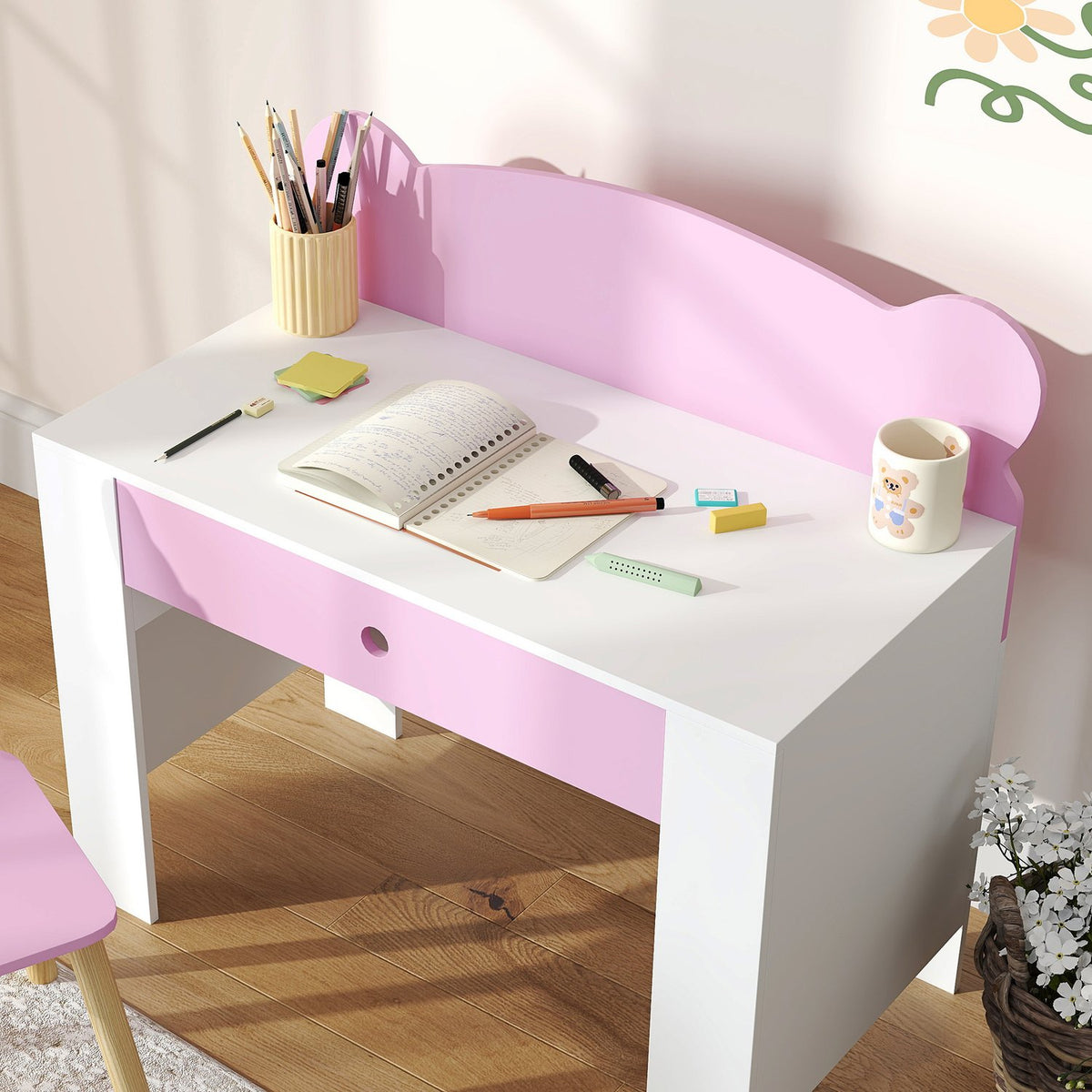 Children's Desk Set, Bear-Shaped Desk and Chair with Drawer, for Writing and Crafting, 3-8 Years, Pink