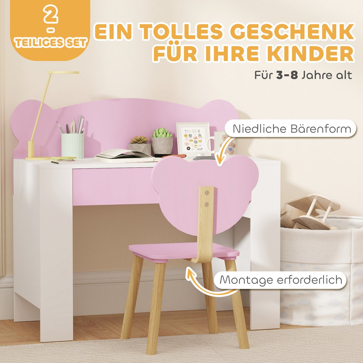 Children's Desk Set, Bear-Shaped Desk and Chair with Drawer, for Writing and Crafting, 3-8 Years, Pink