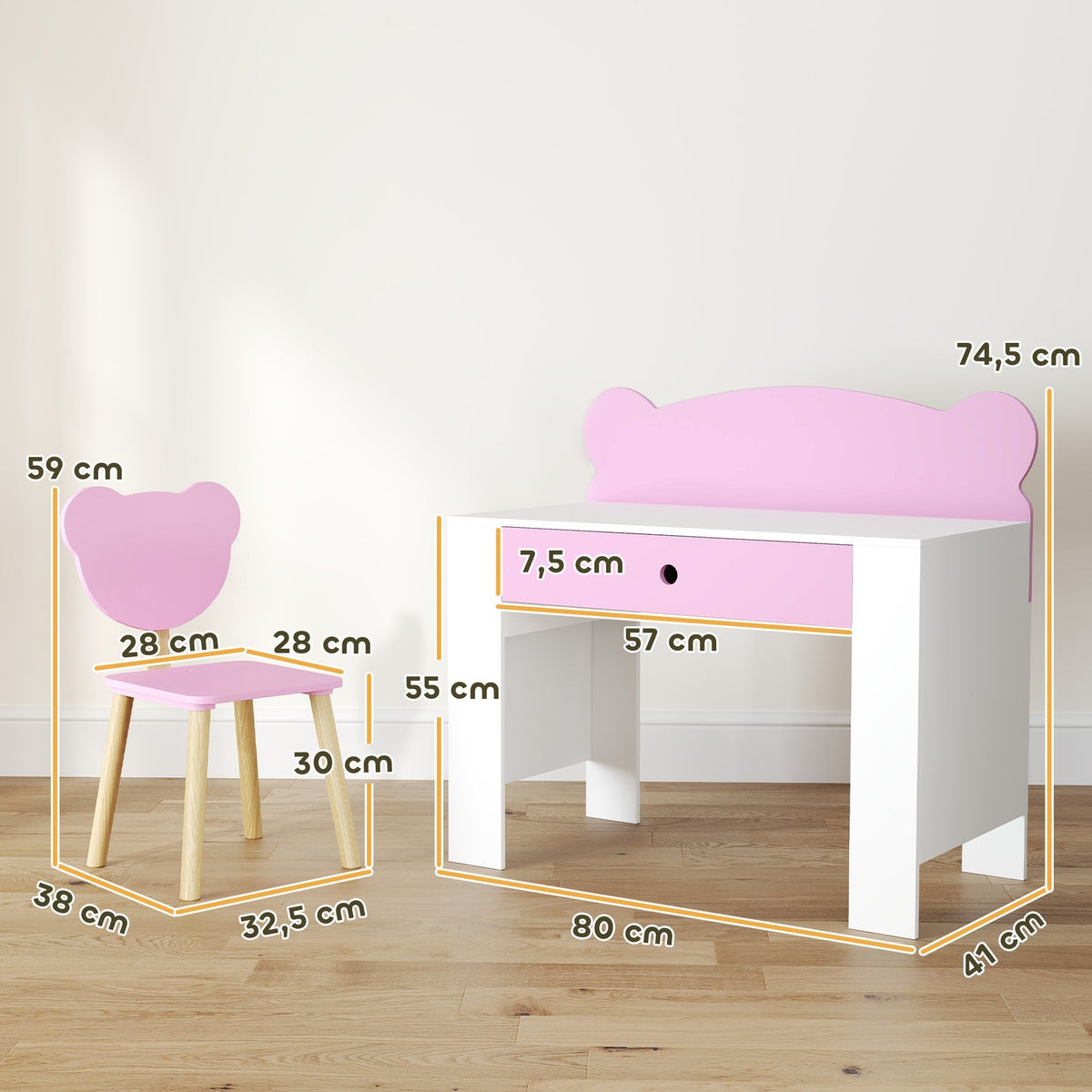 Children's Desk Set, Bear-Shaped Desk and Chair with Drawer, for Writing and Crafting, 3-8 Years, Pink