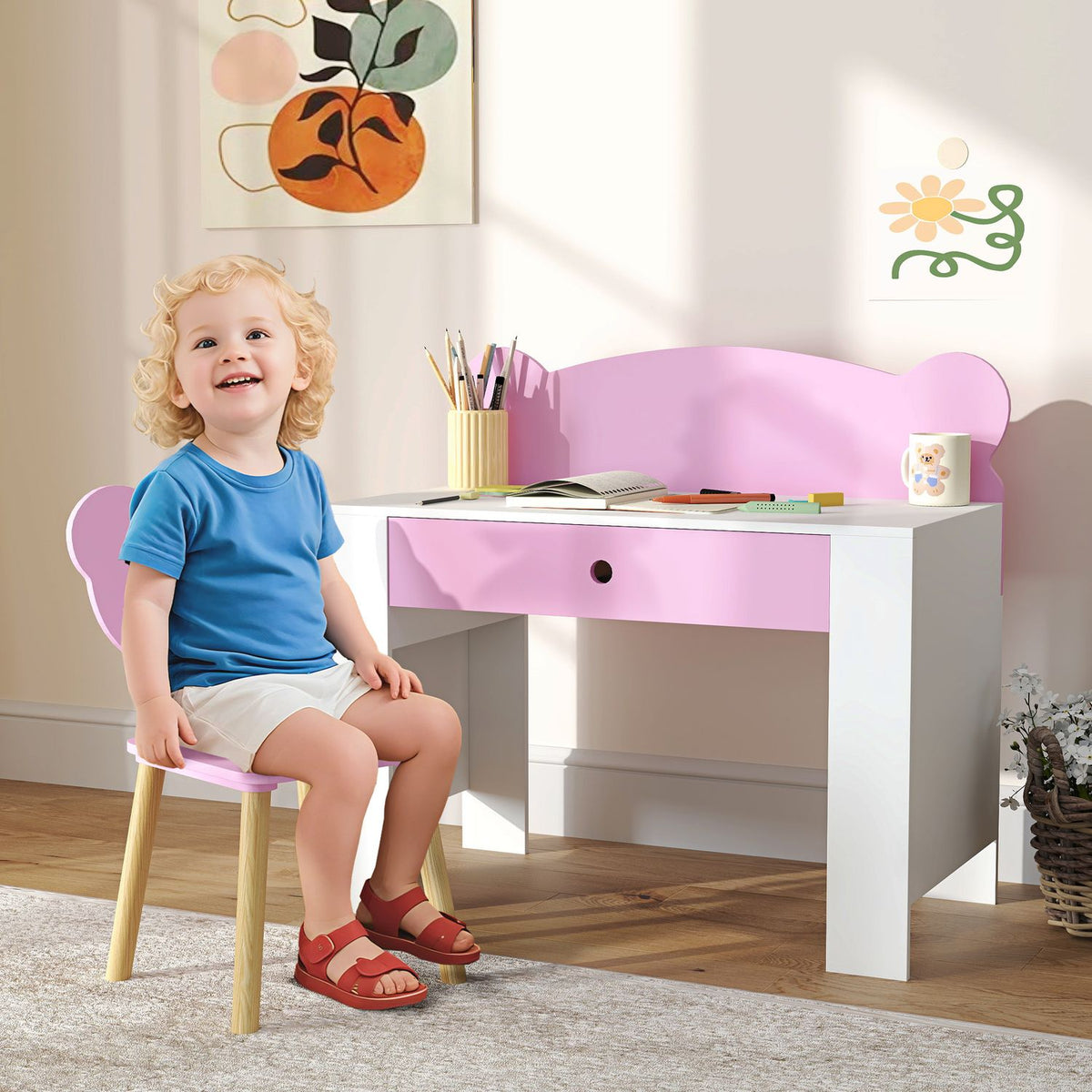 Children's Desk Set, Bear-Shaped Desk and Chair with Drawer, for Writing and Crafting, 3-8 Years, Pink