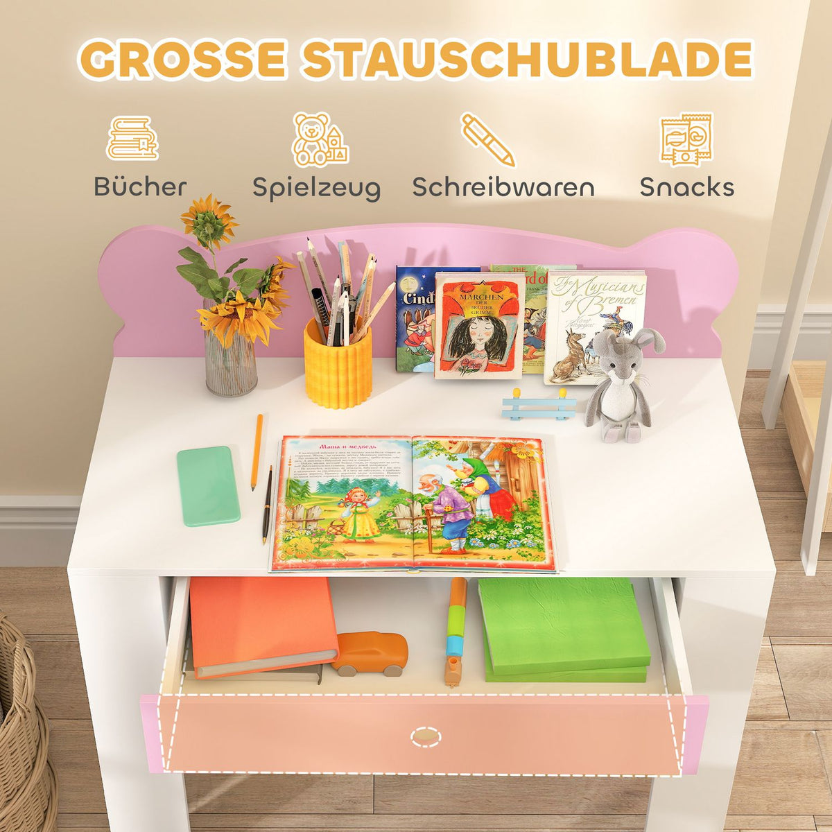 Children's Desk Set, Bear-Shaped Desk and Chair with Drawer, for Writing and Crafting, 3-8 Years, Pink