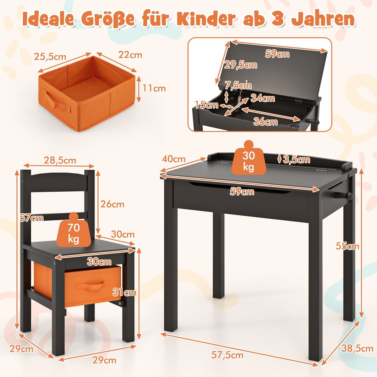Children's Desk and Chair Set, Solid Wood, Foldable Top