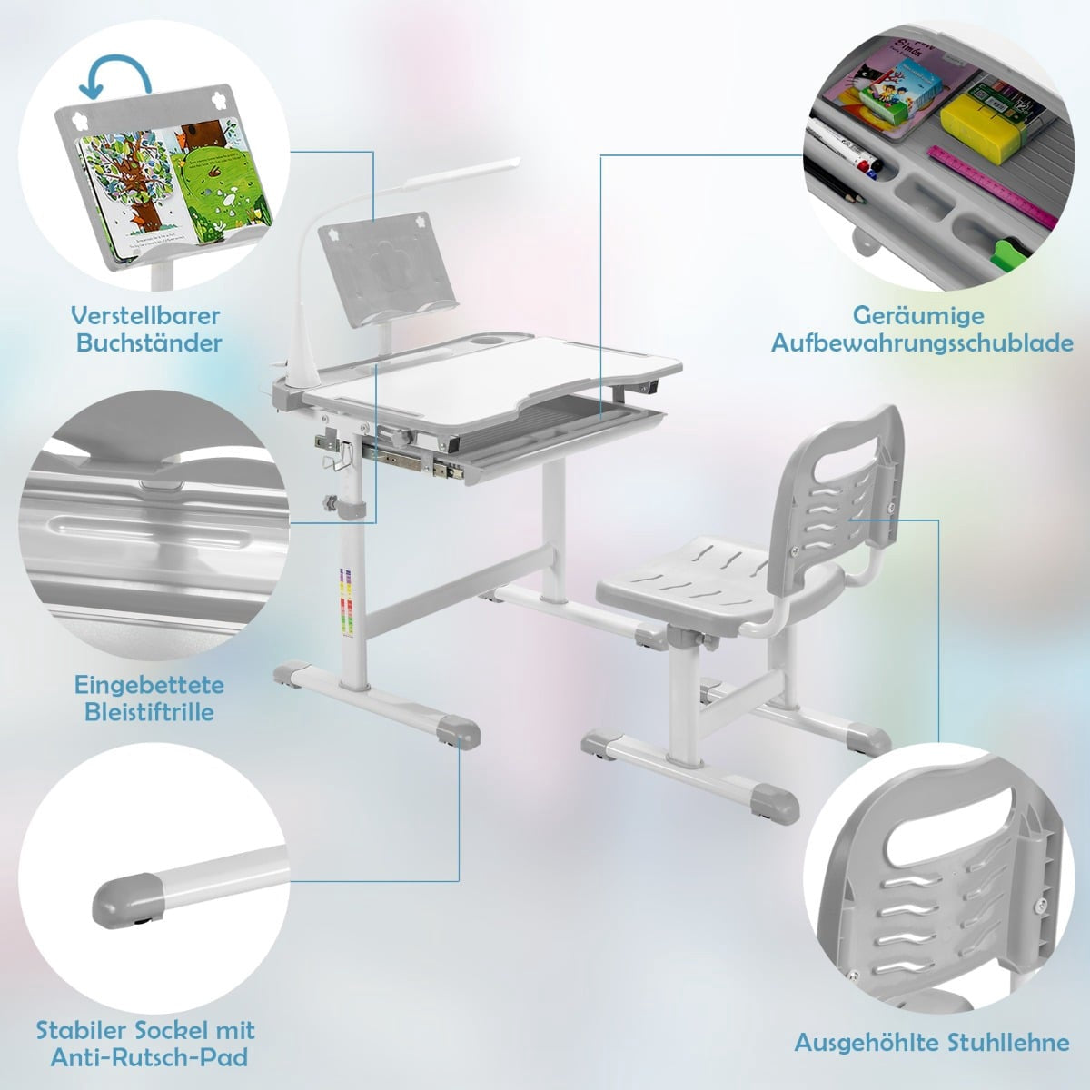Children's Desk and Chair Set with LED Light, Adjustable Height