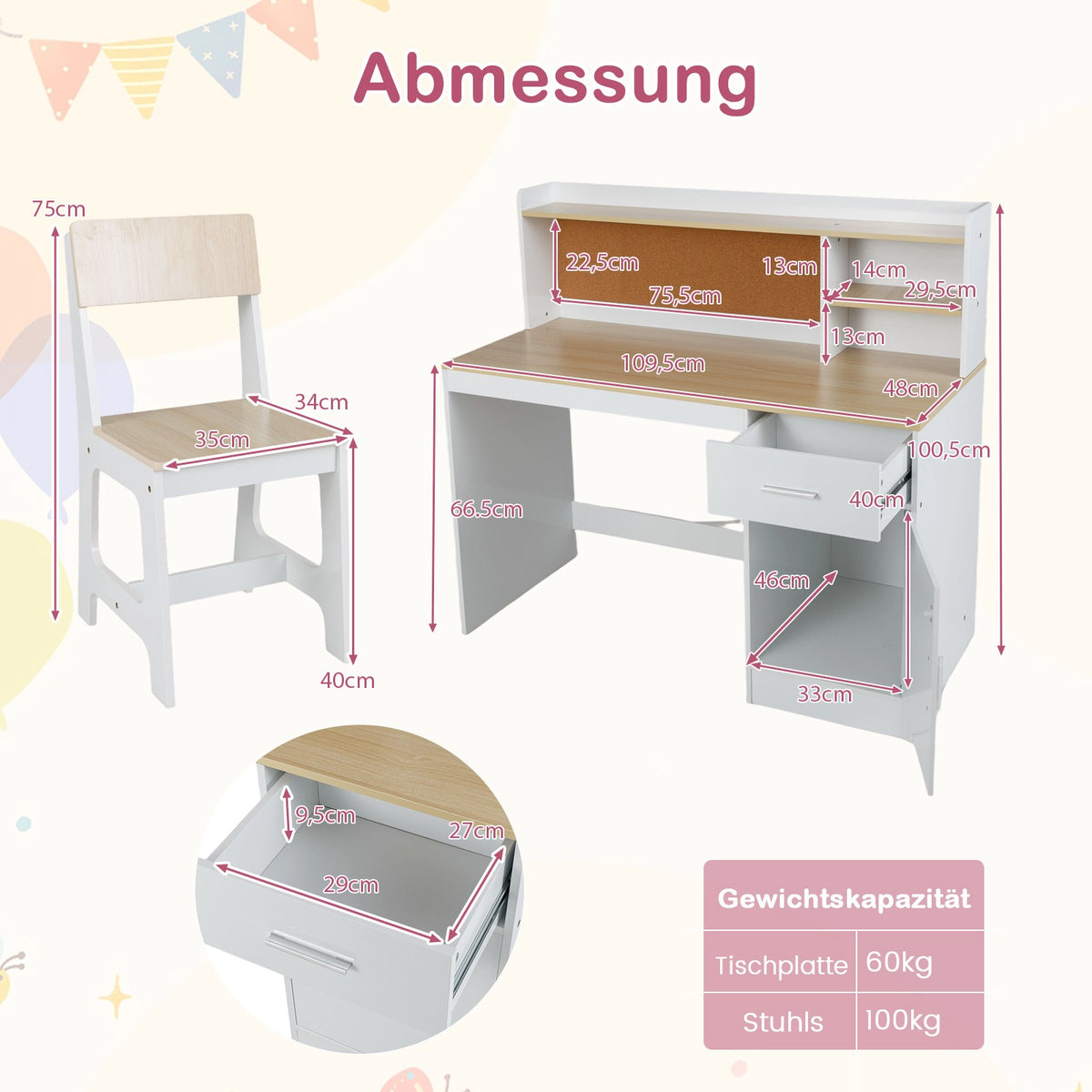 Children's Desk and Chair Set with Storage Shelves