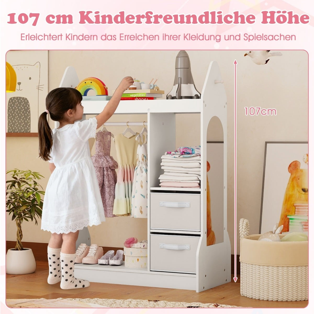 Children's Dress-Up Wardrobe with Mirror, White, 107cm