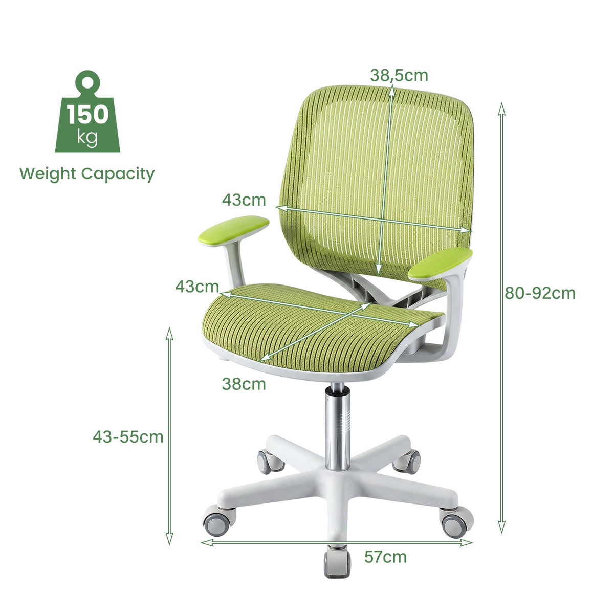 Children's Ergonomic Swivel Chair, Green, Height Adjustable
