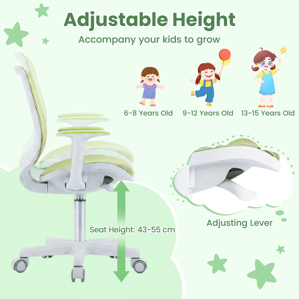 Children's Ergonomic Swivel Chair, Green, Height Adjustable