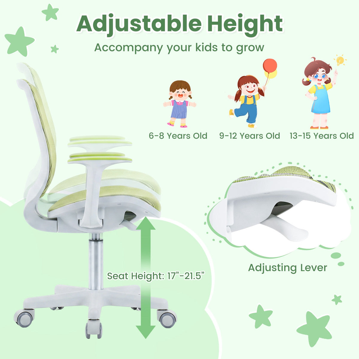 Children's Ergonomic Swivel Chair, Green, Height Adjustable