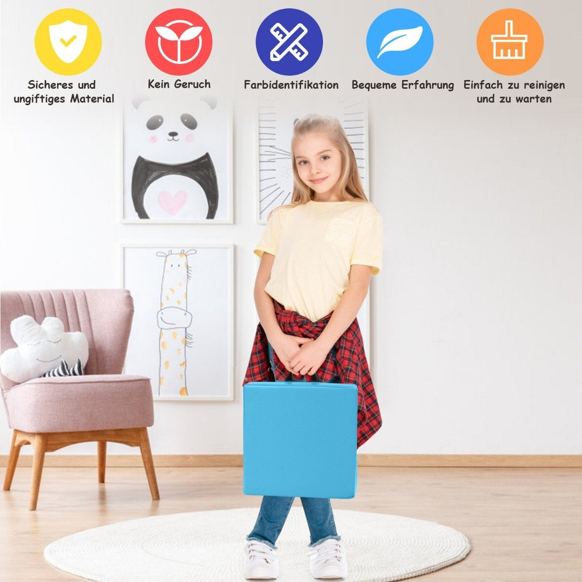 Children's Floor Cushions Set of 6 with Handle, Light Blue