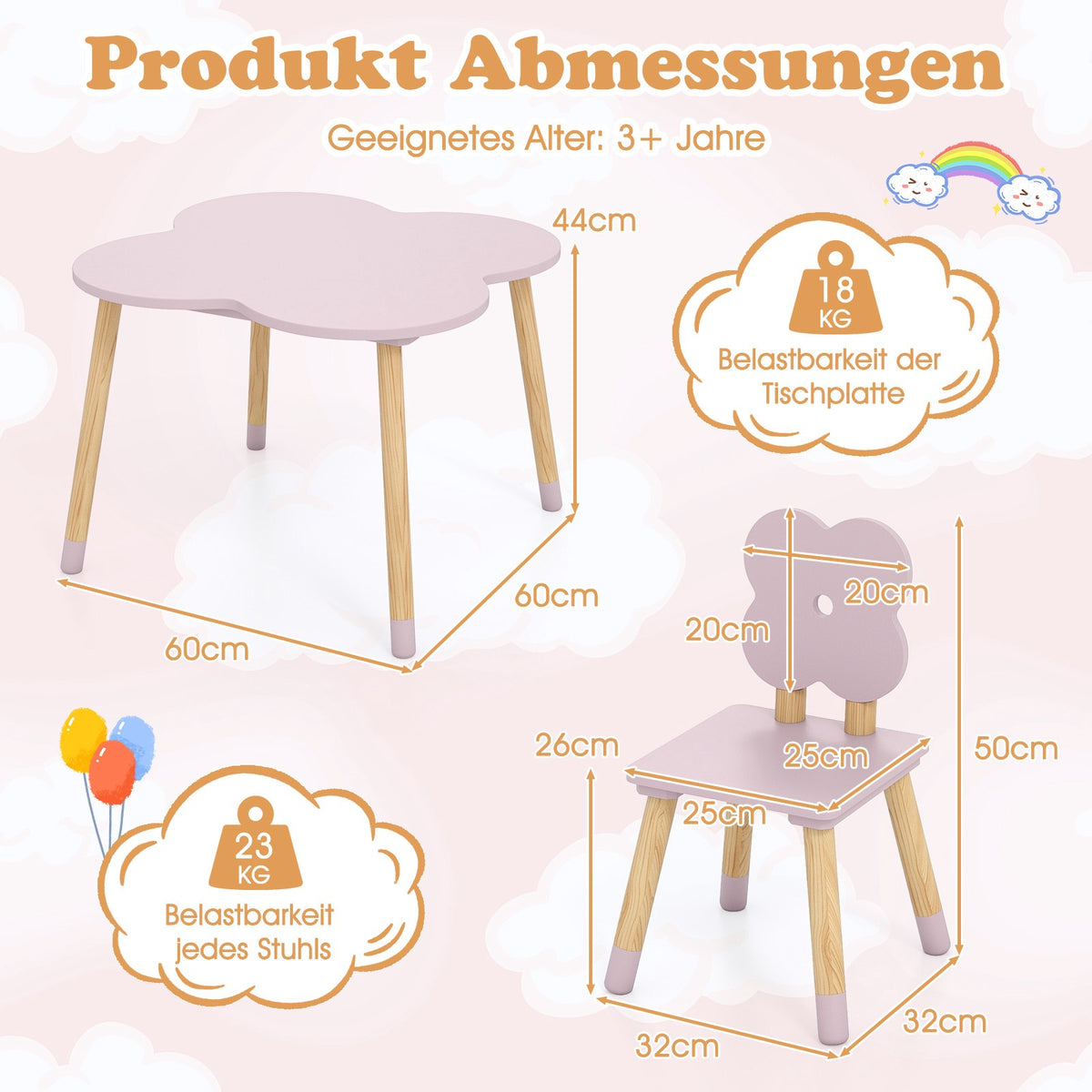 Children's Flower-Shaped Table Set, Pink, Wood, 1 Table + 2 Chairs