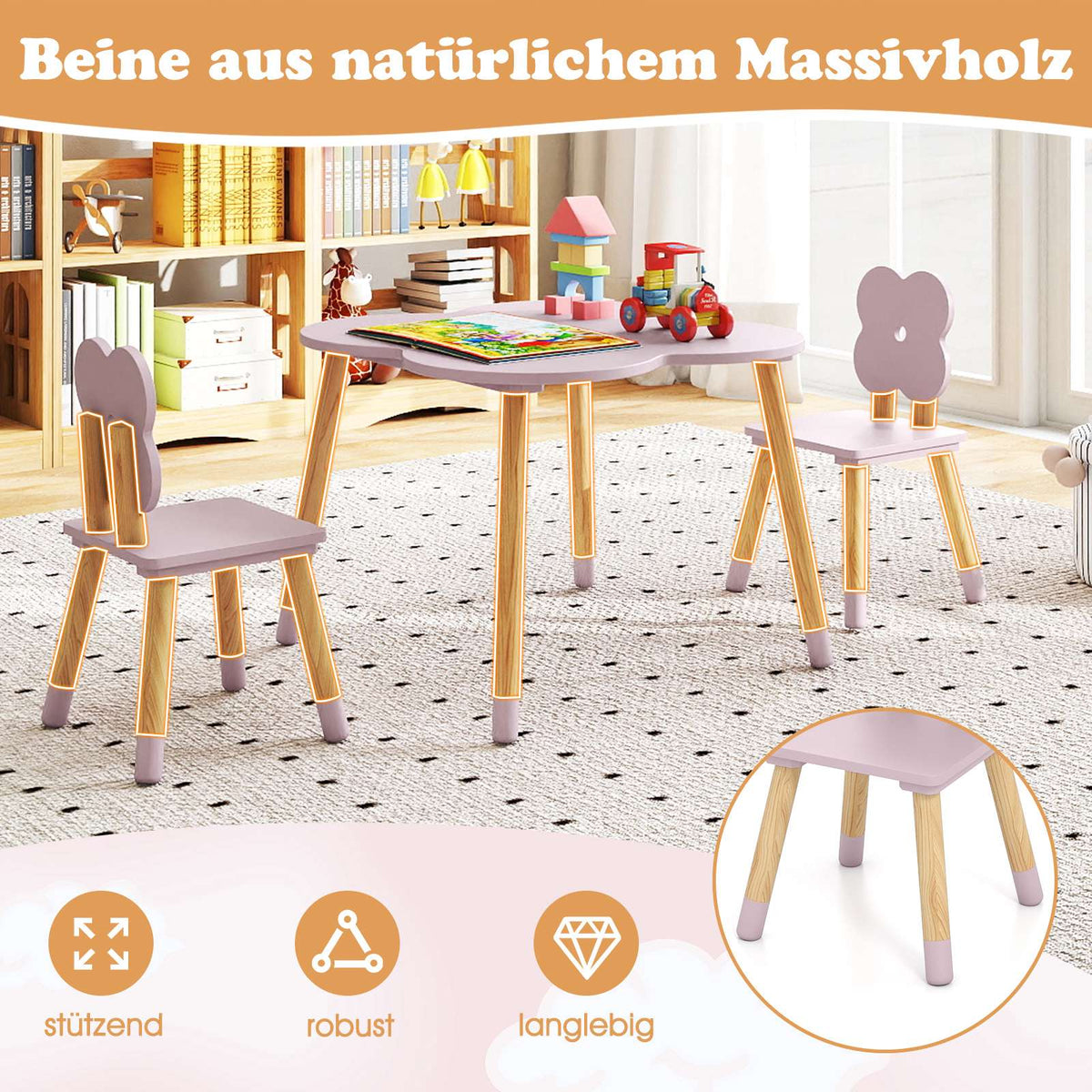 Children's Flower-Shaped Table Set, Pink, Wood, 1 Table + 2 Chairs