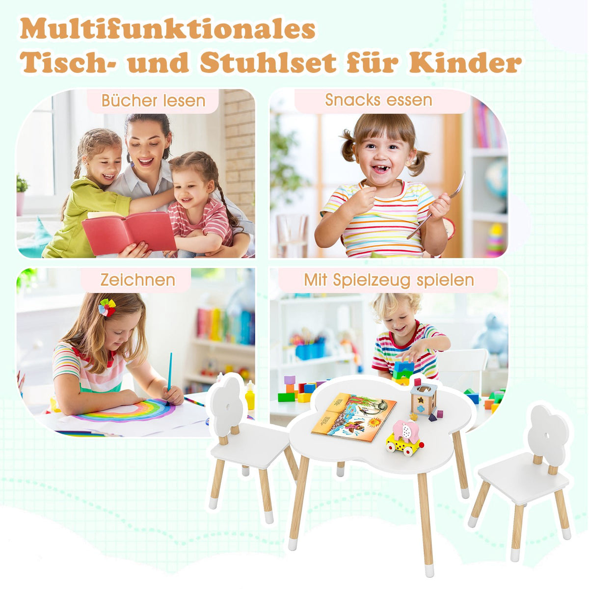 Children's Flower-Shaped Table Set with 2 Chairs, White