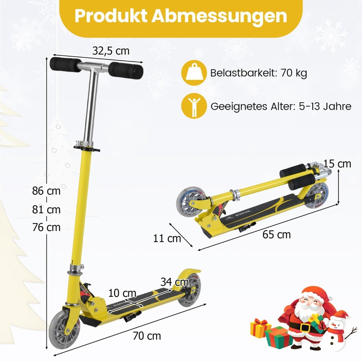 Children's Foldable Scooter, Adjustable Height, Yellow