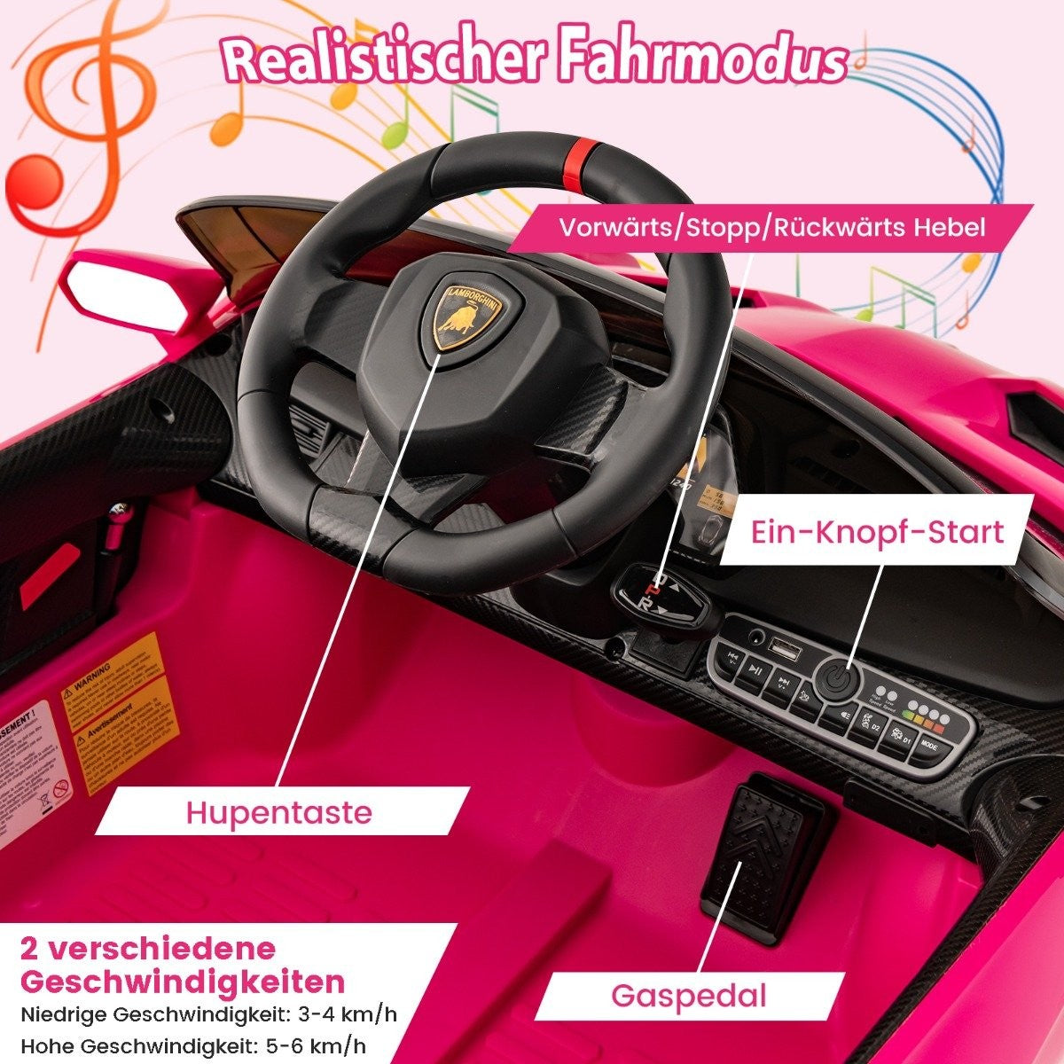 Children's Lamborghini electric car with remote control & LED headlights & horn & music children's car pink