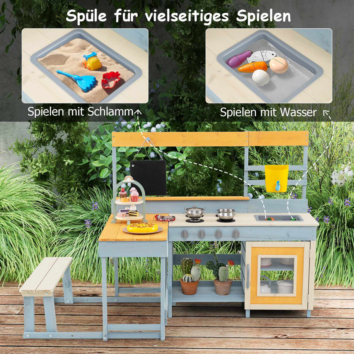 Children's Outdoor Play Kitchen with Picnic Table and Sink