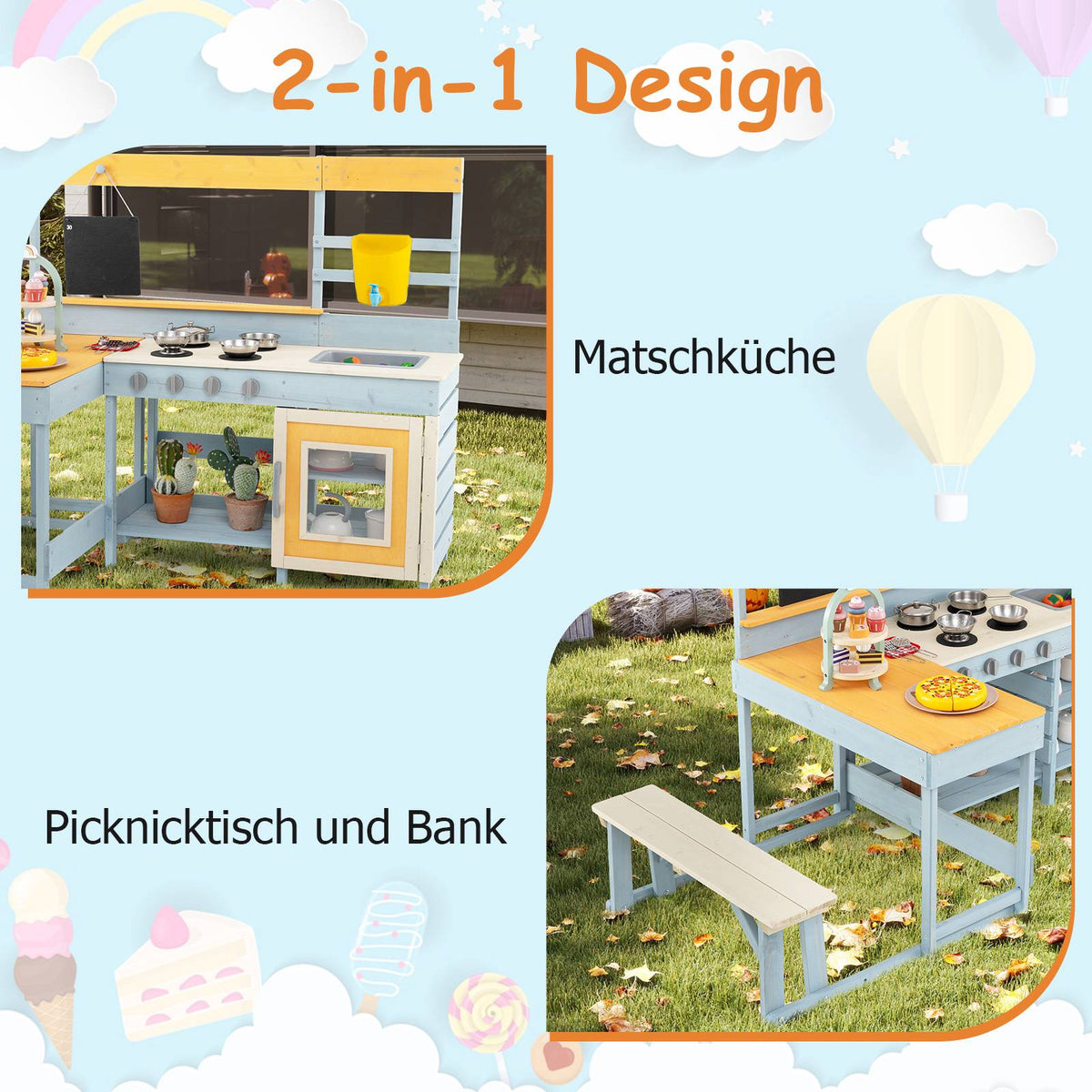Children's Outdoor Play Kitchen with Picnic Table and Sink