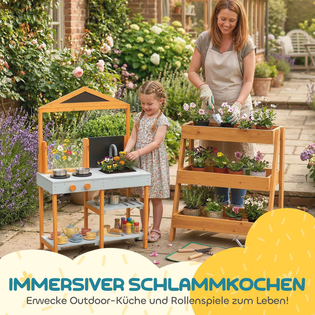 Children's Outdoor Wooden Play Kitchen with Sink and Shelves
