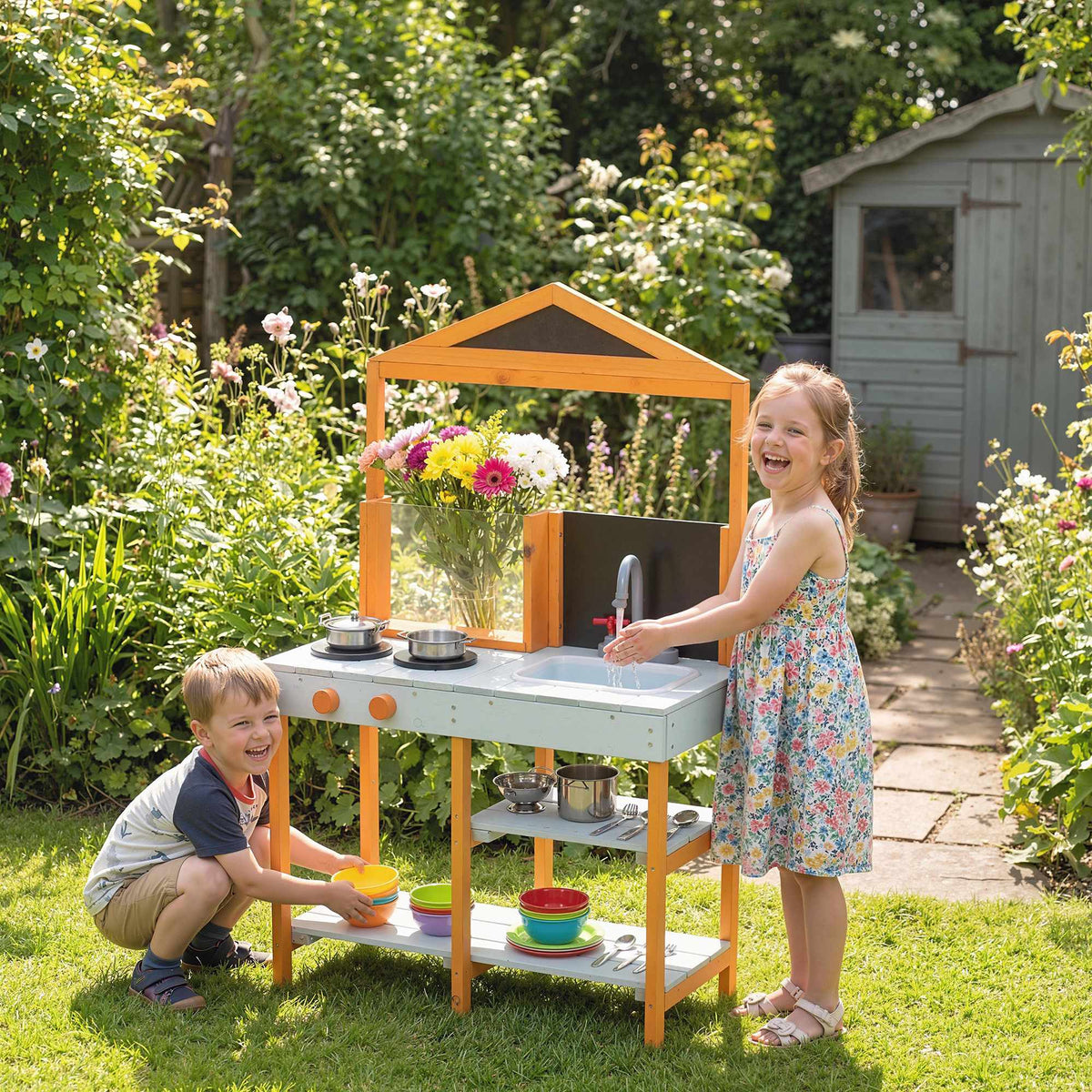 Children's Outdoor Wooden Play Kitchen with Sink and Shelves