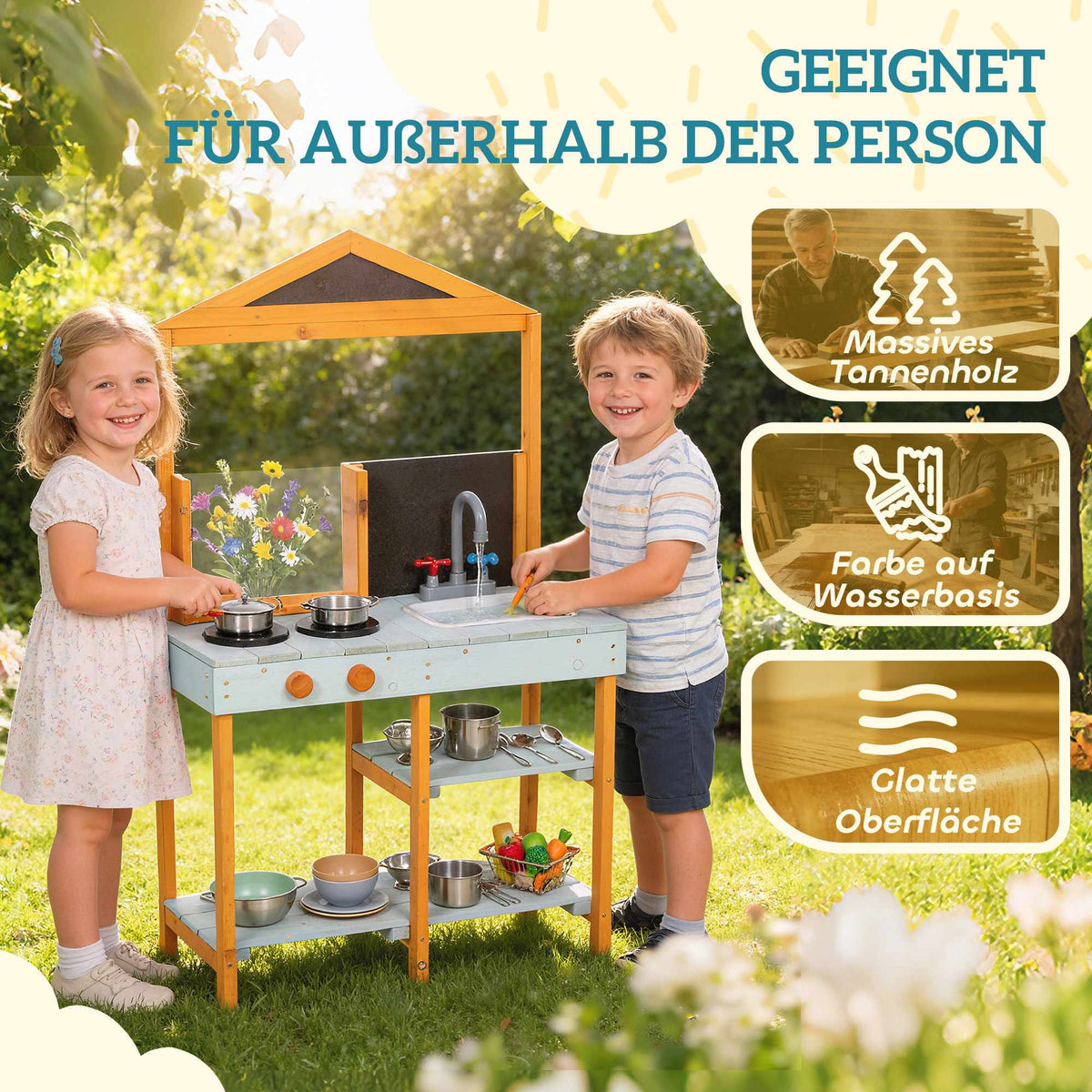 Children's Outdoor Wooden Play Kitchen with Sink and Shelves