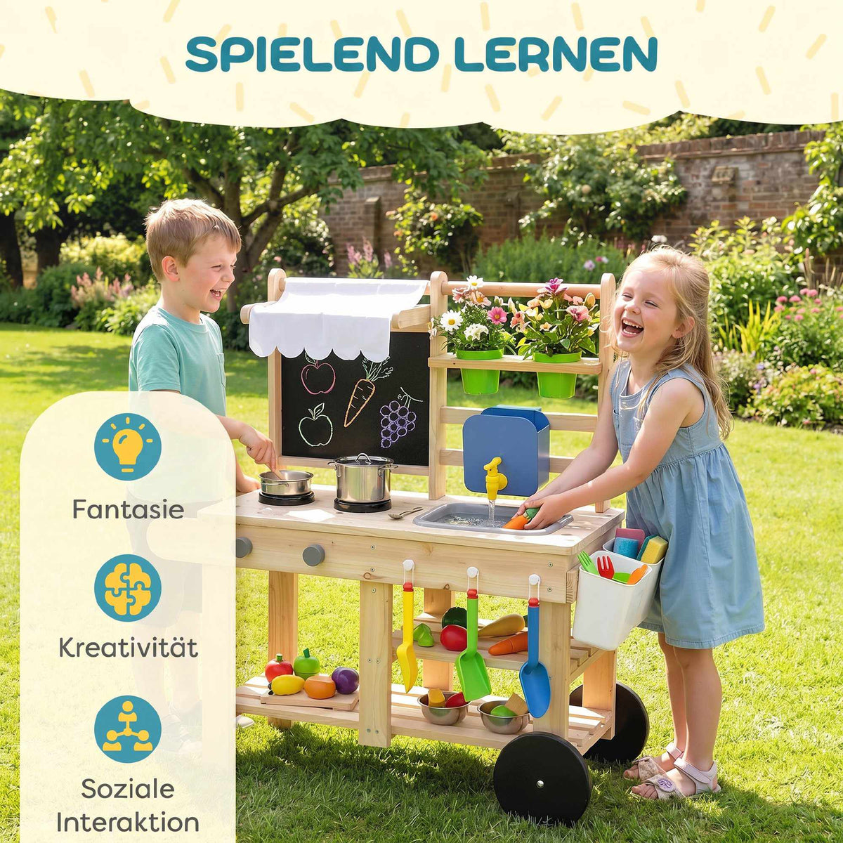 Children's Outdoor Wooden Play Kitchen with Water Faucet
