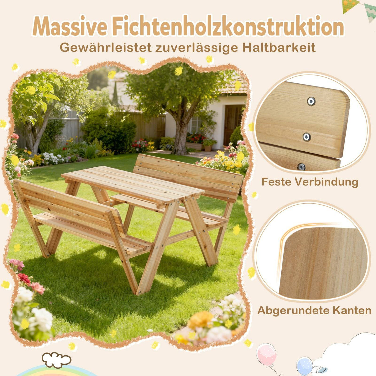 Children's Picnic Table Set with Benches, Solid Wood