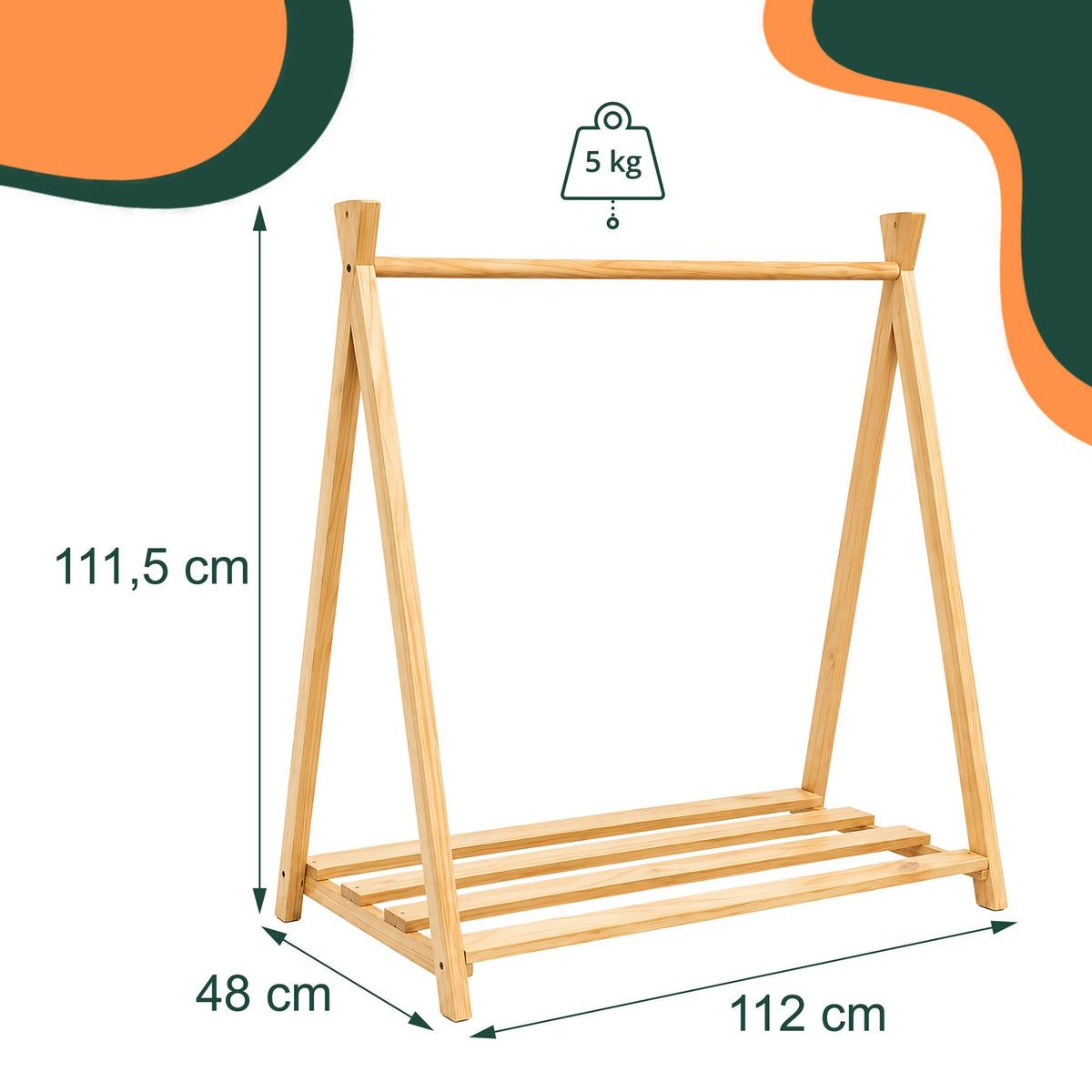 Children's Pine Clothes Rack, Natural Finish, 111.5 cm