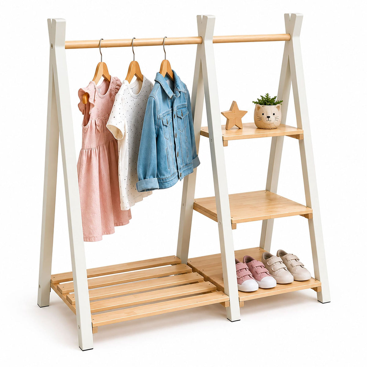 Children's Pine Clothes Rack with Shelf, Natural White