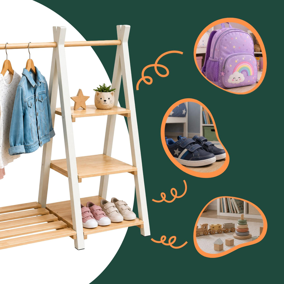 Children's Pine Clothes Rack with Shelf, Natural White