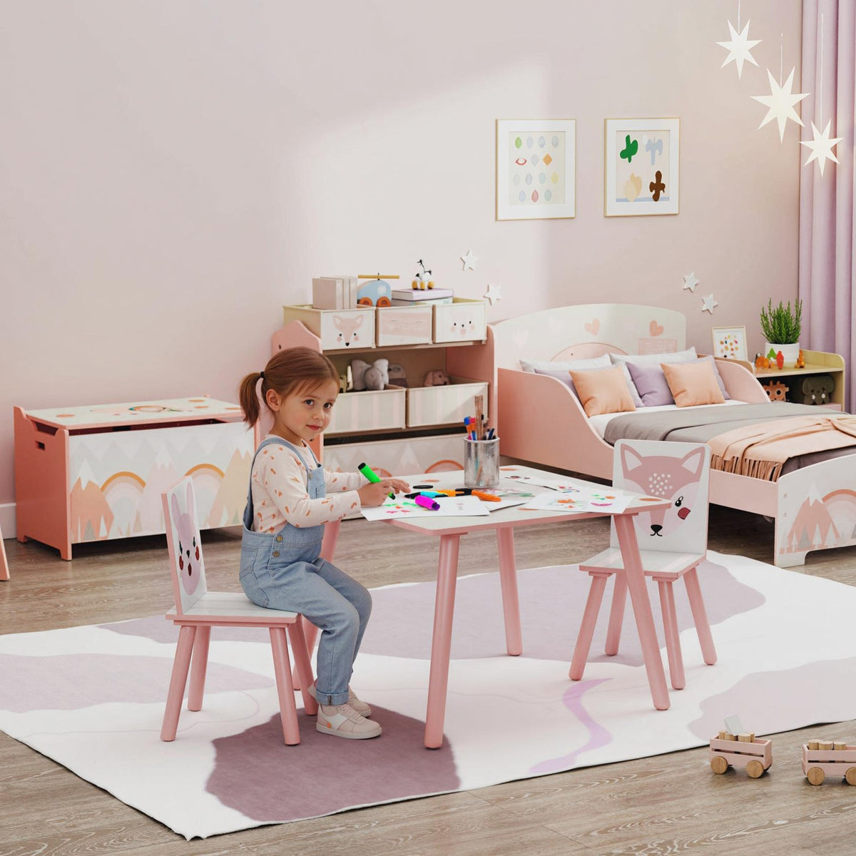 Children's Pine Table Set with 2 Chairs, Animal Design, Ages 3-8