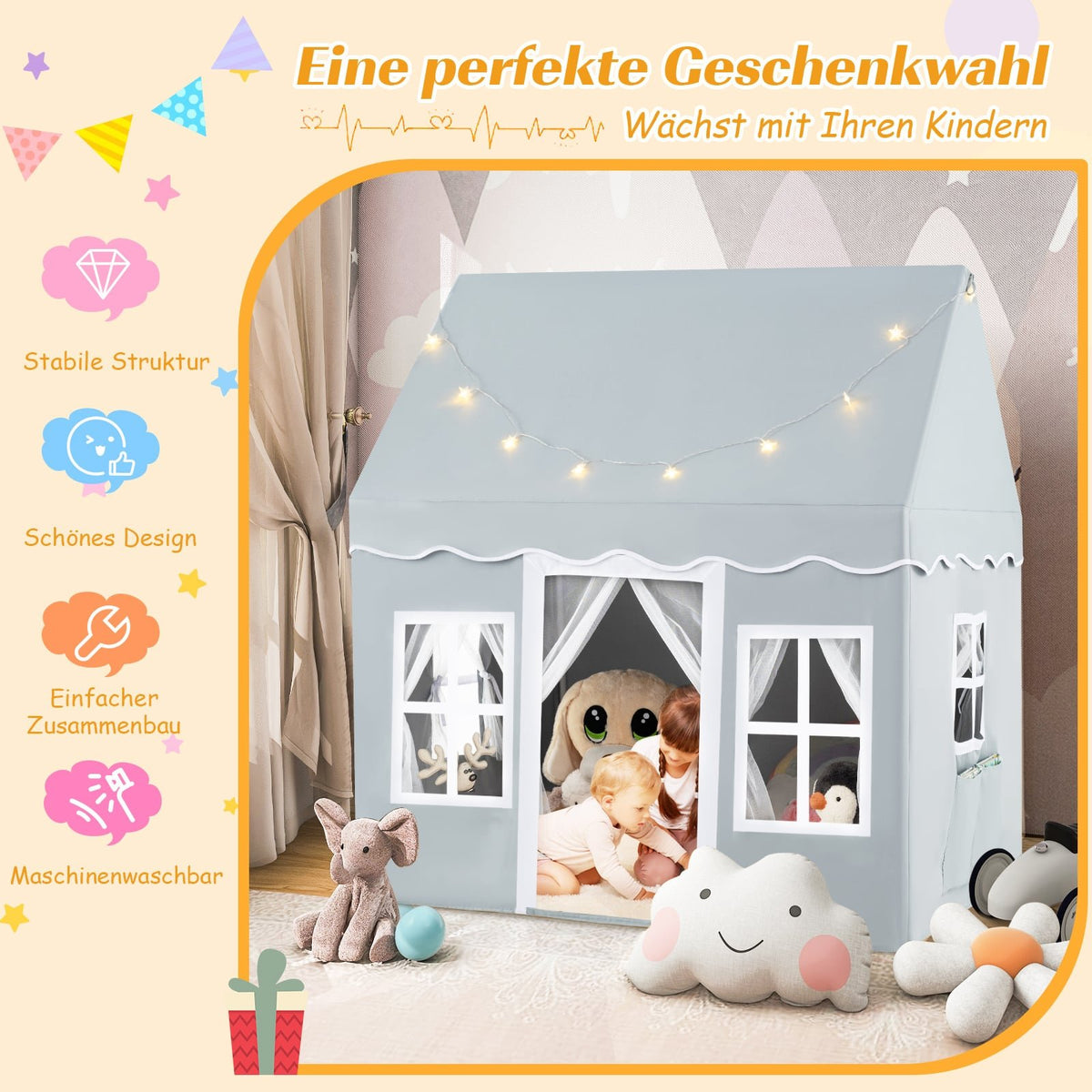 Children's Play Tent with Star Lights & Mesh Curtains