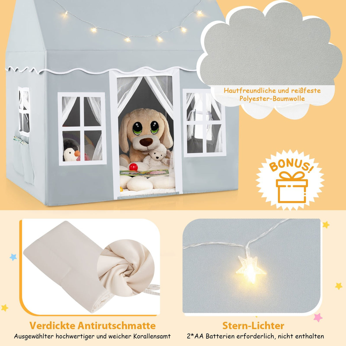 Children's Play Tent with Star Lights & Mesh Curtains
