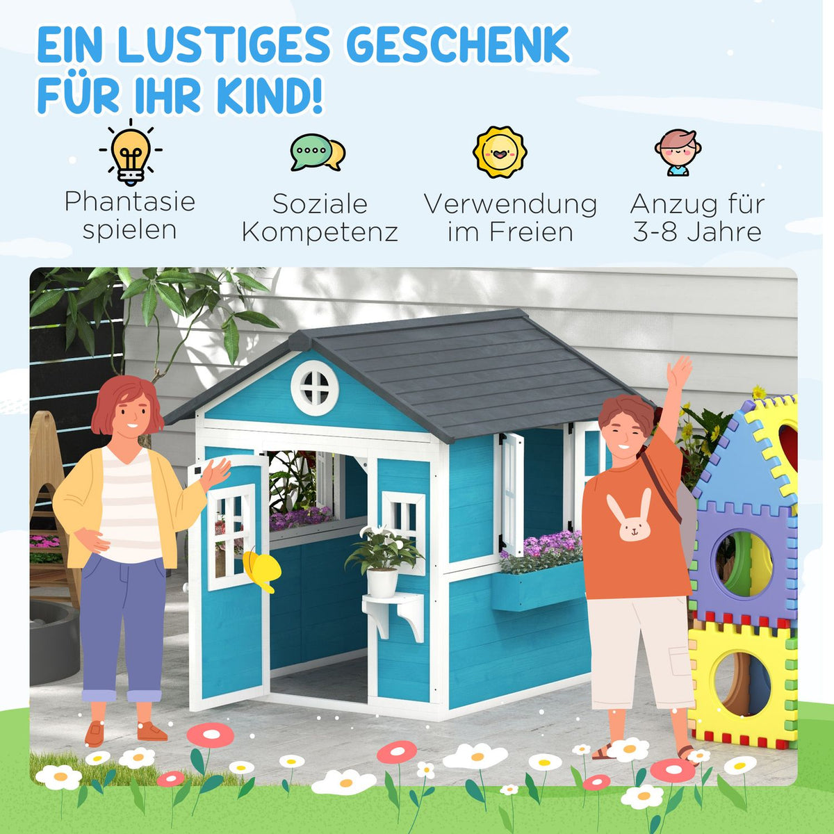 Children's Playhouse Made of Wood Outdoor Playhouse with Window, Flower Shelf, Plant Box and Door Garden House for Children 3-8 Years Blue