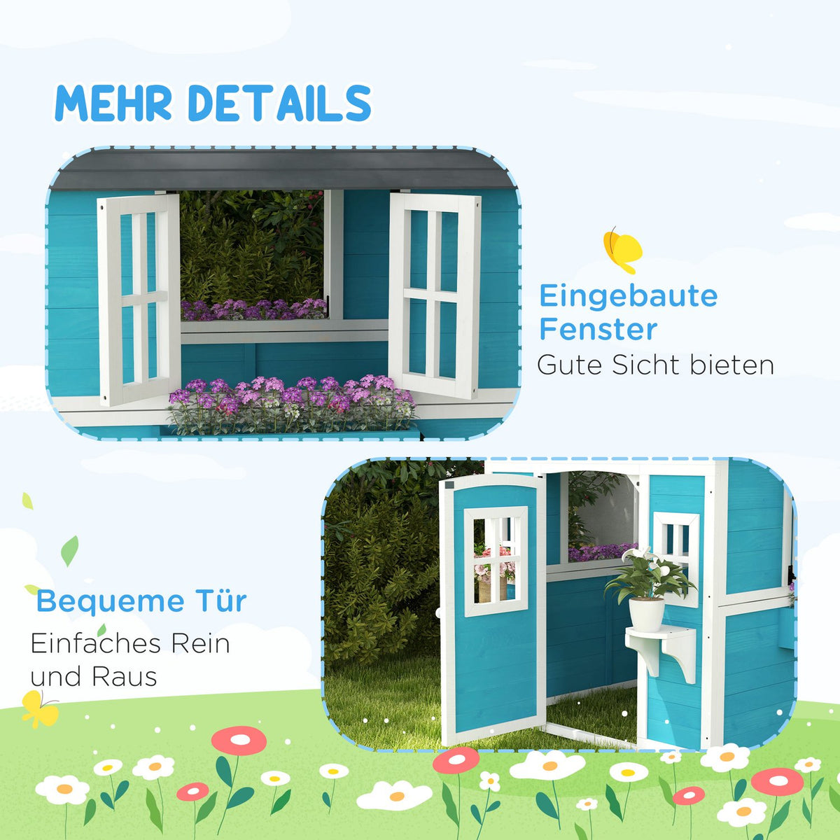 Children's Playhouse Made of Wood Outdoor Playhouse with Window, Flower Shelf, Plant Box and Door Garden House for Children 3-8 Years Blue