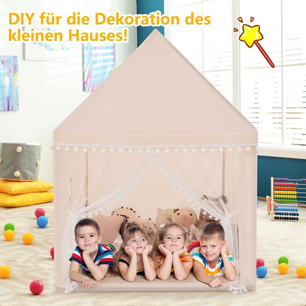 Children's Playhouse Tent, Beige/Brown, 120x105x140 cm
